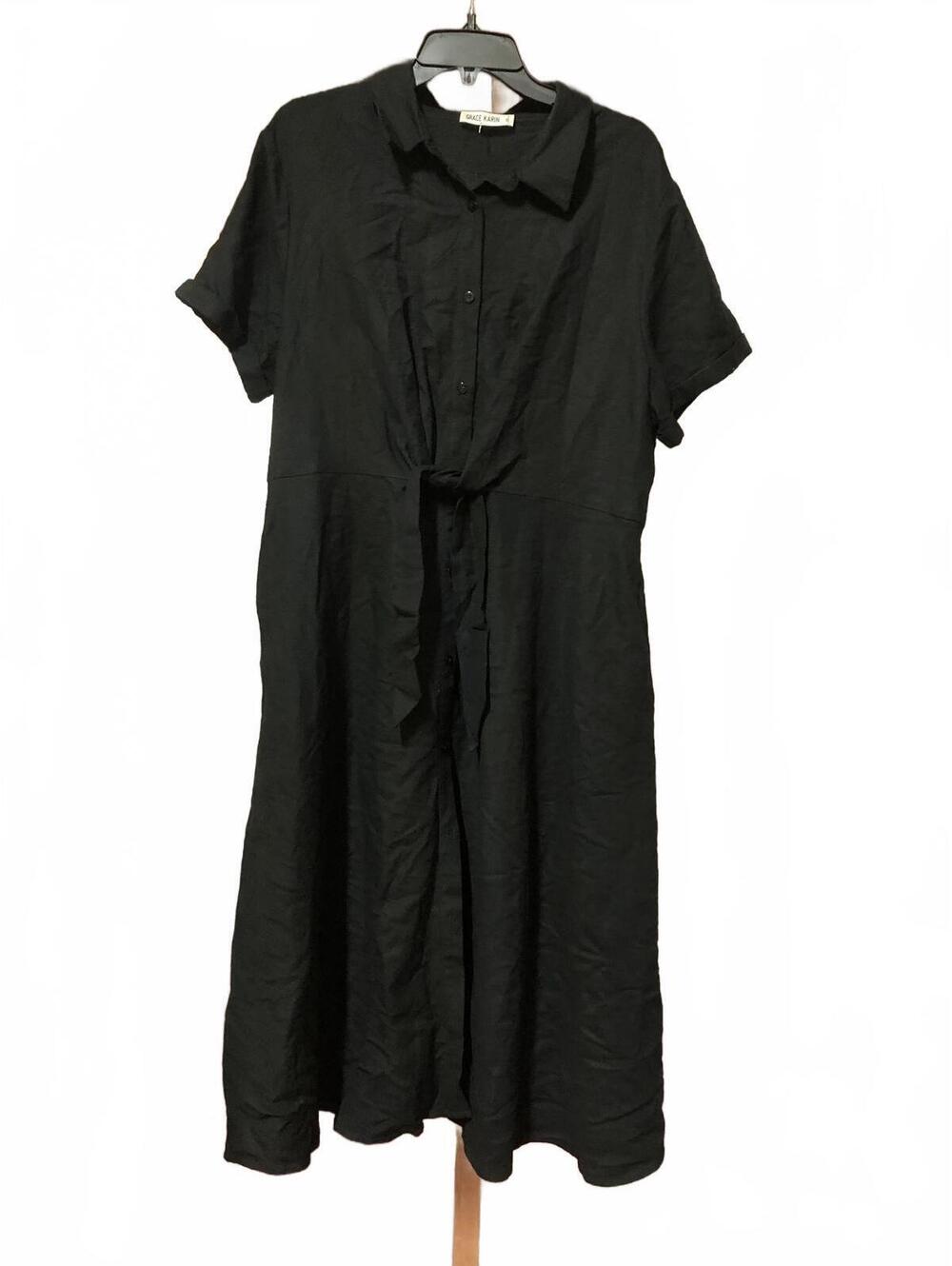 Grace Karin Black Midi Dress with Tie Waist, Size 2XL